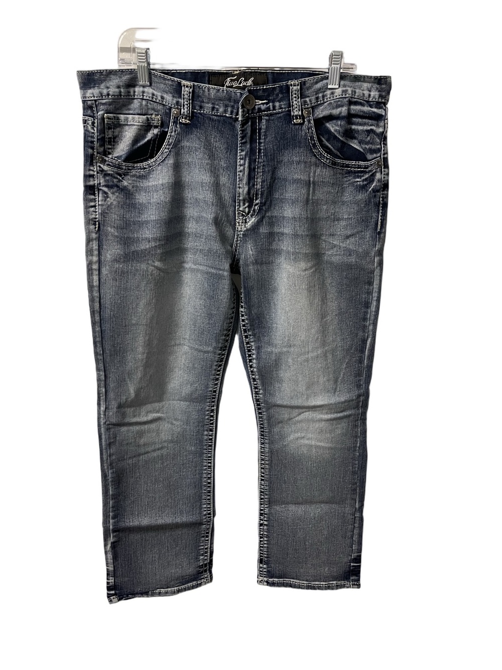 True Luck Men’s Jeans Size 36x28 Blue Mid Rise Embroidered 5 Pockets VGC